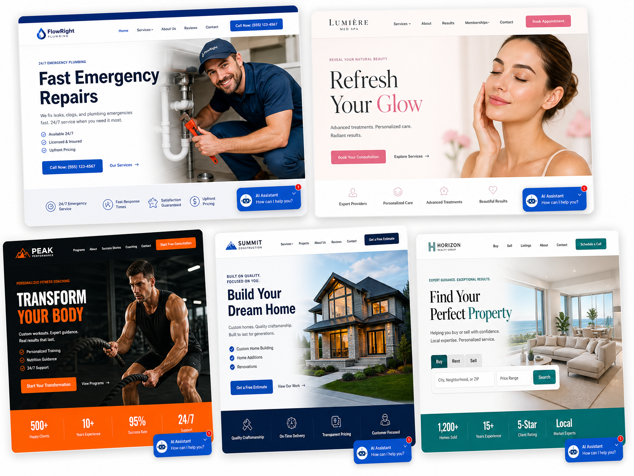 A collage of professional lead-generation business websites built with Vendita OS — home services, med-spa, fitness, contractor, and real estate sites, each with AI chat and online booking